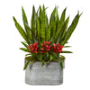 Nearly Natural 24`` Bromeliad and Sansevieria Artificial Plant in Metal Planter
