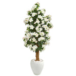 Nearly Natural 9460 5' Artificial Green & White Azalea Tree in White Planter