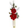 Nearly Natural 1921 3' Artificial Red Magnolia & Pine Arrangement in White Vase