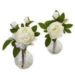 Nearly Natural 4576-S2 11.5" Artificial White Peony with Vase, Set of 2