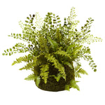 Nearly Natural 4846 13" Artificial Green Mixed Fern with Twig & Moss Basket