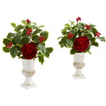 Nearly Natural A1236 15" Artificial Green & Red Rose & Holly Leaf Arrangement in White Urn, Set of 2