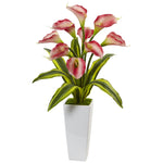 Nearly Natural Callas with Tropical Leaves in Glossy Planter