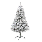 Nearly Natural 5` Flocked White River Mountain Pine Artificial Christmas Tree with Pinecones