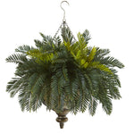 Nearly Natural 8802 25" Artificial Green Cycas Plant in Metal Hanging Bowl