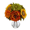 Nearly Natural 12`` Peony, Dahlia and Sunflower Artificial Arrangement in Glass Vase