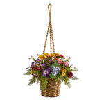 Nearly Natural 8080 14" Artificial Mixed Floral Plant in Hanging Basket, Multicolor