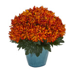 Nearly Natural 6558 14" Artificial Orange Spider Mum Plant in Teal Planter
