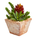 Nearly Natural 8480 11" Artificial Green & Red Mixed Succulents Plant in Small Terra Cotta Vase