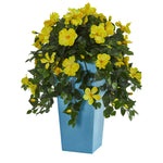 Nearly Natural 6449 31" Artificial Green & Yellow Hibiscus Plant in Turquoise Tower Vase