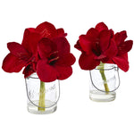 Nearly Natural 4547-S2 11" Artificial Red Amaryllis in Glass Vase, Set of 2