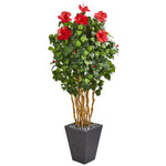 Nearly Natural 9717 65" Artificial Green & Red Hibiscus Tree in Slate Planter