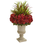 Nearly Natural 8394 43" Artificial Green & Burgundy Hydrangea & Grass Plant in Stone Urn