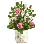 Nearly Natural 24`` Rose, Thistle and Succulent Artificial Arrangement in Floral Vase