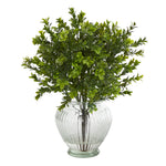 Nearly Natural 14``Boxwood Artificial Plant in Glass Planter (Indoor/Outdoor)