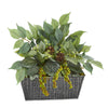 Nearly Natural 14``Mixed Ficus and Fittonia Artificial Plant in Embossed Tin Planter