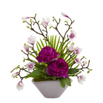 Nearly Natural A1225 19" Artificial Green & Purple Peony, Magnolia & Palm Arrangement in Vase