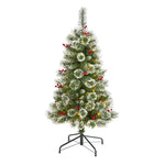 Nearly Natural 4` Frosted Swiss Pine Artificial Christmas Tree with 100 Clear LED Lights and Berries