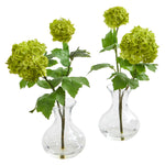 Nearly Natural 1666-S2 11" Artificial Green Snowball Hydrangea Arrangement in Glass Vase, Set of 2