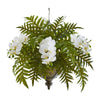 Nearly Natural Phalaenopsis Orchid and Fern Artificial Plant in Metal Hanging Bowl