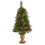 Nearly Natural 4` Pine, Pinecone and Berries Artificial Christmas Tree with 100 Clear LED Lights in Decorative Urn