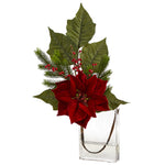 Nearly Natural 23``Poinsettia, Berries and Pine Artificial Arrangement in Glass Vase