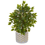 Nearly Natural 9917 17" Artificial Green Mini Ficus Tree in Stoneware Vase with Gold Trimming