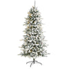 Nearly Natural 6` Flocked Livingston Fir Artificial Christmas Tree with Pine Cones and 300 Clear Warm LED Lights