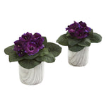 Nearly Natural 8146-S2 11" Artificial Green & Purple Gloxinia Plant in Marble Finished Vase, Set of 2