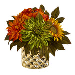 Nearly Natural 11``Peony, Dahlia and Sunflower Artificial Arrangement in Gold Vase
