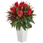 Nearly Natural 6370 33" Artificial Green & Red Mixed Anthurium Plant in White Tower Vase