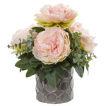 Nearly Natural 1813 13" Artificial Green & Peach Peony & Eucalyptus Arrangement in Ceramic Vase