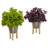 Nearly Natural P1152-S2 12" Artificial Green & Purple Basil Plant in Tin Planter with Legs, Set of 2