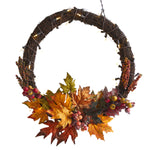 Nearly Natural 21`` Maple Leaf and Berries Artificial Wreath with 50 Warm White LED Lights