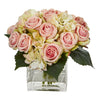 Nearly Natural 1838 Pink Rose & Hydrangea Bouquet Artificial Arrangement in Glass Vase