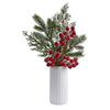Nearly Natural 19``Iced Pine and Berries Artificial Arrangement in White Vase