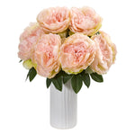 Nearly Natural Peony Artificial Arrangement in White Vase