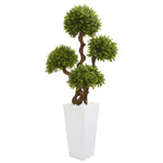 Nearly Natural 9712 55" Artificial Green Four Ball Boxwood Topiary Tree in Tall White Planter