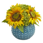 Nearly Natural 1827 9" Artificial Yellow Sunflower Arrangement in Blue Vase