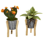 Nearly Natural 8933-S2 12" Artificial Green & Orange Mixed Succulent Plant in Tin Planter with Legs, Set of 2