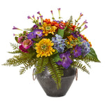 Nearly Natural 1894 12" Artificial Mixed Flowers Arrangement in Metal Bowl, Multicolor