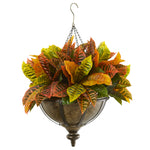 Nearly Natural 8753 26" Artificial Real Touch Garden Croton Plant in Hanging Metal Bowl, Multicolor