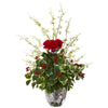 Nearly Natural A1210 29" Artificial Green Rose, Cherry Blossom & Holly Leaf Arrangement in Silver Bowl
