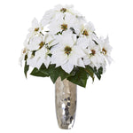 Nearly Natural A1110 27" Artificial White & Green Poinsettia Arrangement in Silver Cylindrical Vase