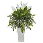 Nearly Natural 6403 36" Artificial Green & White Mixed Spathifyllum Plant in White Tower Vase