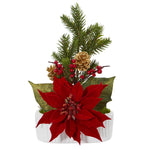 Nearly Natural A1071 13" Artificial Green & Red Poinsettia, Berry & Pine Arrangement in White Vase