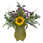 Nearly Natural 8789 25" Artificial Green & Yellow Sunflower, Eucalyptus & Berries Plant in Metal Planter