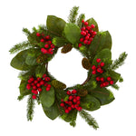 Nearly Natural 4266 19" Artificial Green & Red Magnolia Leaf, Berry & Pine Wreath