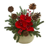 Nearly Natural 1663 12" Artificial Green & Red Orchid, Berries & Pine Arrangement in Ceramic Vase