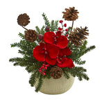Nearly Natural 1663 12" Artificial Green & Red Orchid, Berries & Pine Arrangement in Ceramic Vase